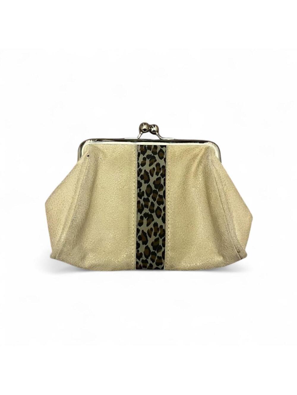 Vintage Y2K Leopard Stripe Coin Purse Kiss Lock Cream